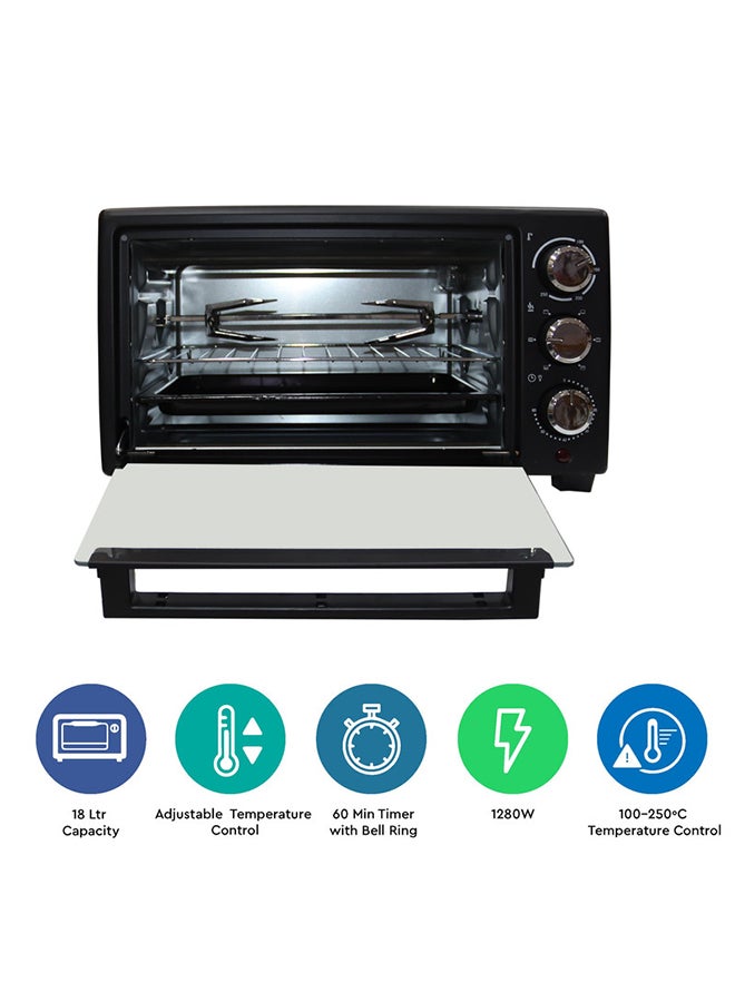 Electric Oven 18 Litres Capacity, 100-250℃ Temperature Control, 60 Minutes Timer, Rotisserie, Inner Lamp, Stainless Steel Heating Element 18 L 1280 W NEO20 Black