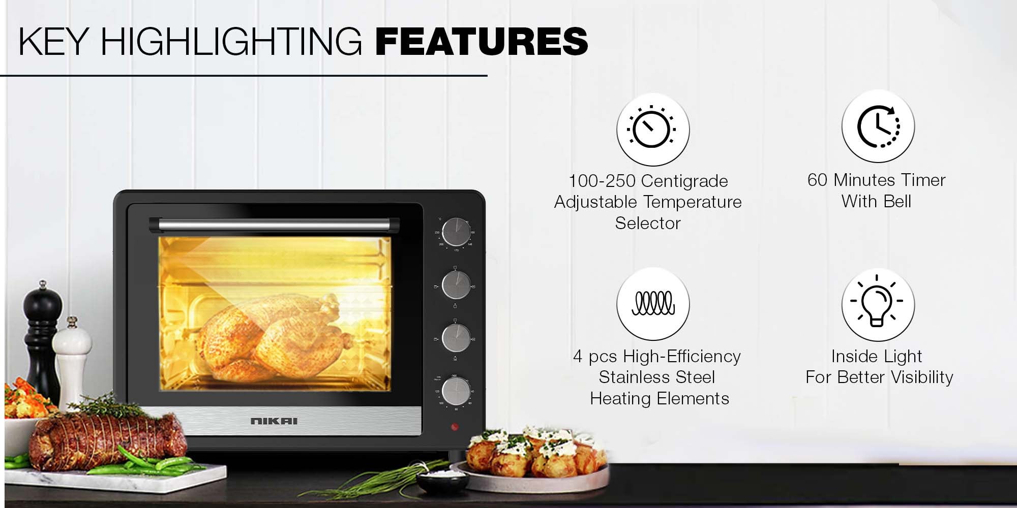 Electric Oven, , Adjustable Temperature, 4 Stages Heating, 60-Min Timer With Bell, High-Efficiency S.S. Heating, Rotisserie And Convection, Inside Light, Keep Warm Function 65 L 2200 W NT6500SRC2 Black
