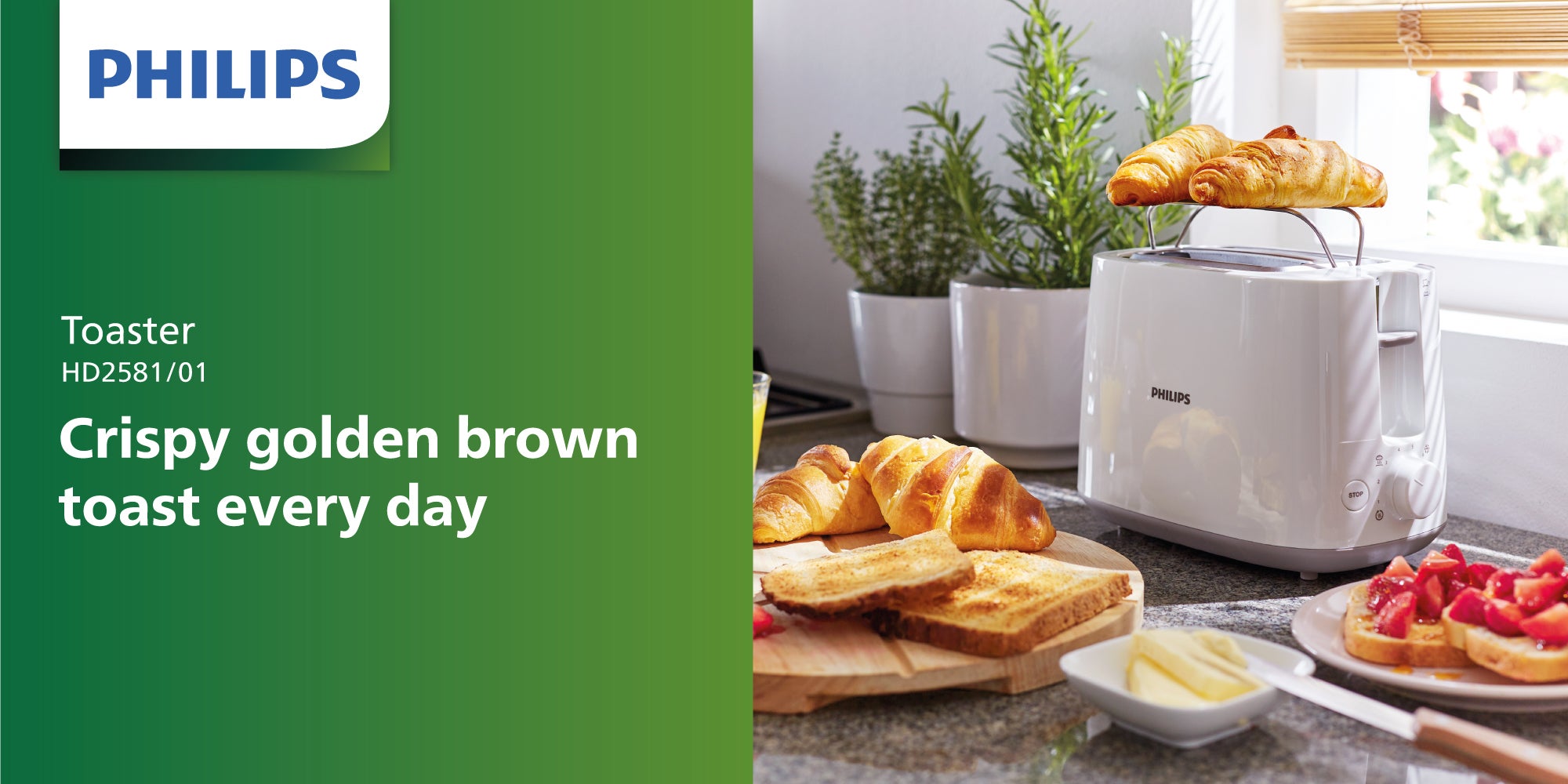 Toaster Daily Collection - Plastic, 2 Slots With Bun Warmer, 8 Settings, 830 W HD2581/01 White