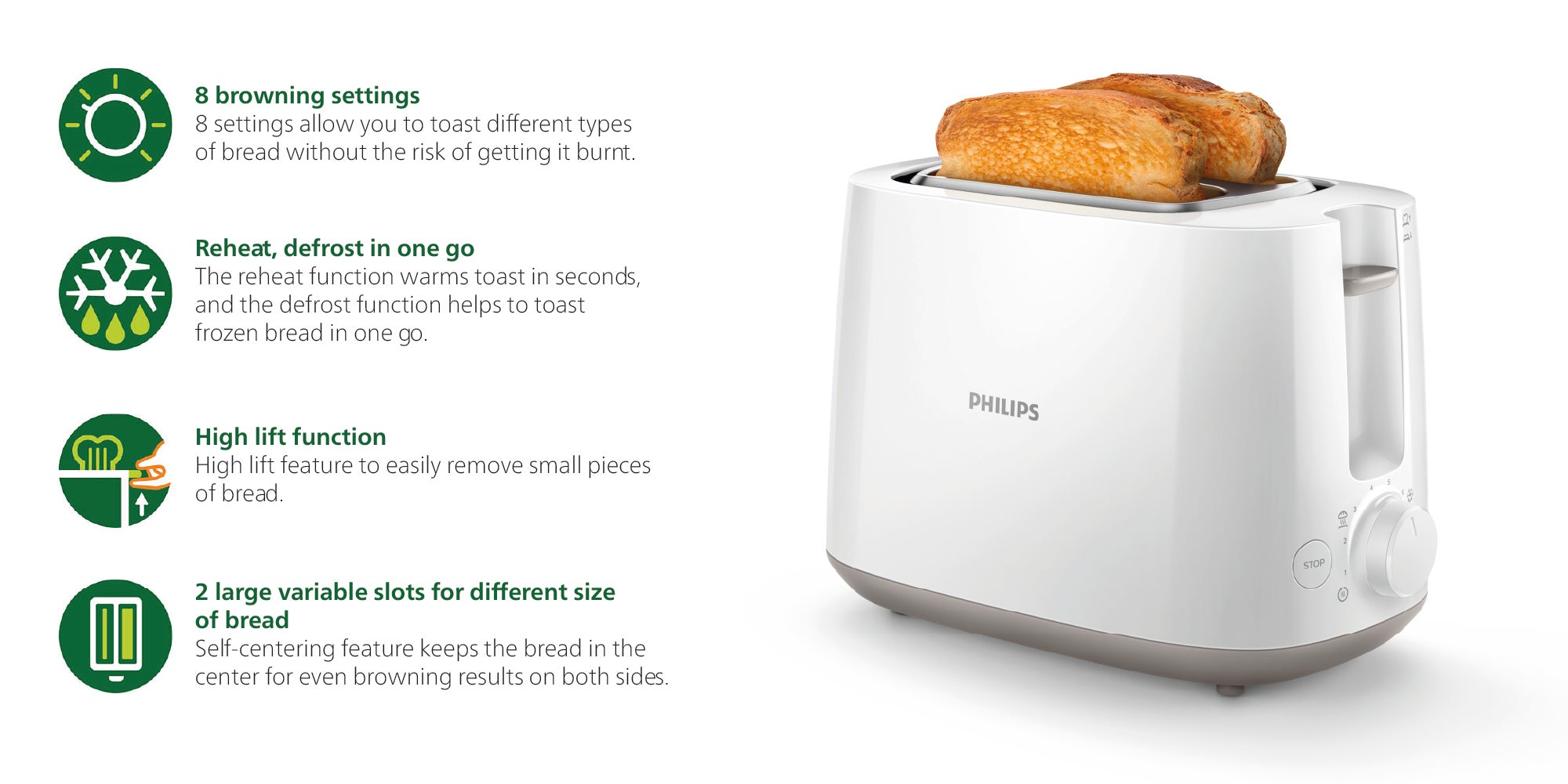 Toaster Daily Collection - Plastic, 2 Slots With Bun Warmer, 8 Settings, 830 W HD2581/01 White