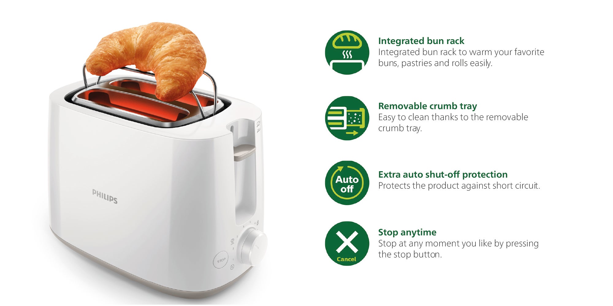 Toaster Daily Collection - Plastic, 2 Slots With Bun Warmer, 8 Settings, 830 W HD2581/01 White