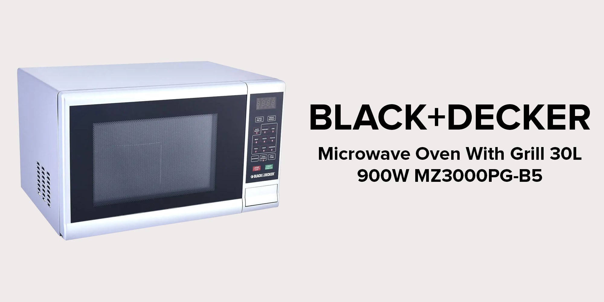 30 Litres Grill Microwave Oven, 900W, 5 Power Levels,9 Auto Cook Menus, Grill/Combi Cooking, Defrost By Weight And Time, Easy Clean Cavity 30 L 900 W MZ3000PG-B5 Silver/Black