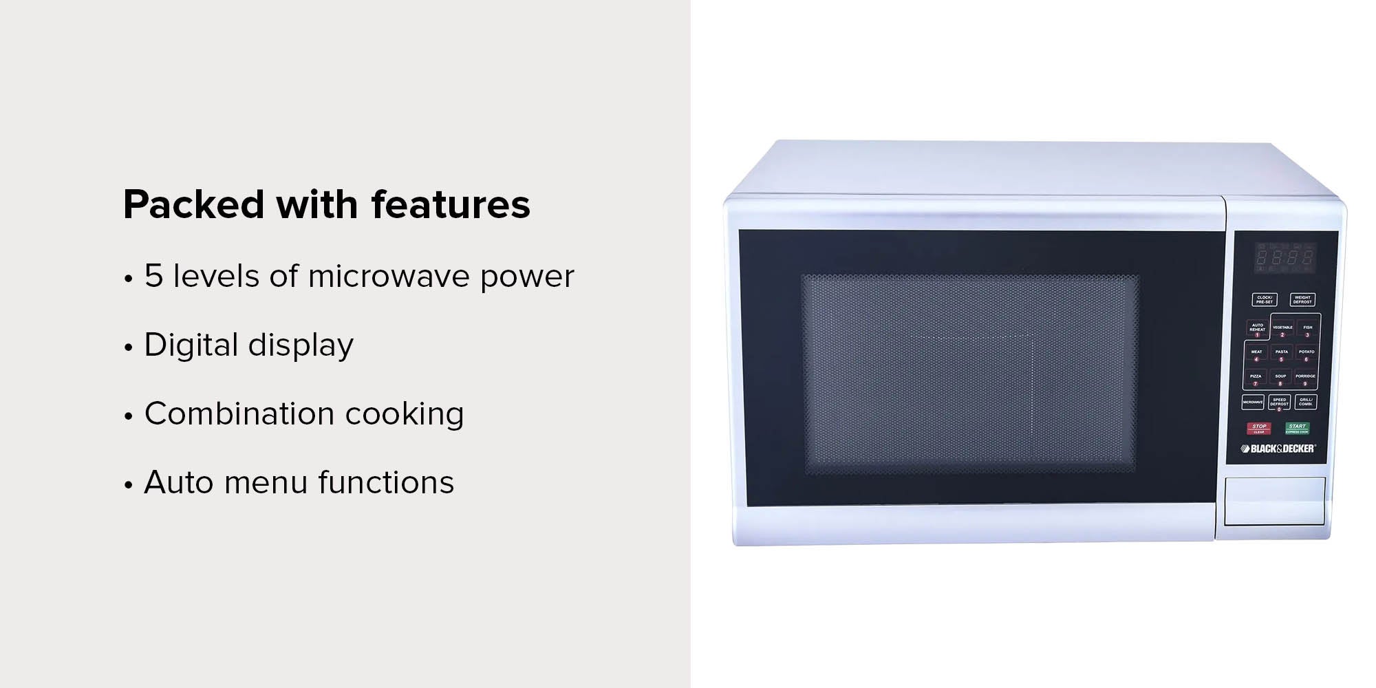 30 Litres Grill Microwave Oven, 900W, 5 Power Levels,9 Auto Cook Menus, Grill/Combi Cooking, Defrost By Weight And Time, Easy Clean Cavity 30 L 900 W MZ3000PG-B5 Silver/Black