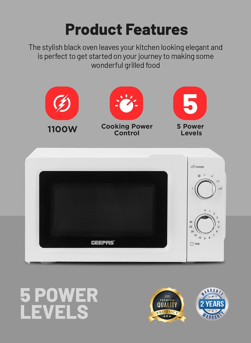 Microwave Oven with 5 Power Levels - Easy Reheating, Fast Defrost &Cooking End Signal with 30 Minute Timer Function - 2 Rotary Dials - Oven for Standard Size of Dinner Plate ,Chrome Knobs for Durability 20 L 1100 W GMO1899-20LS White