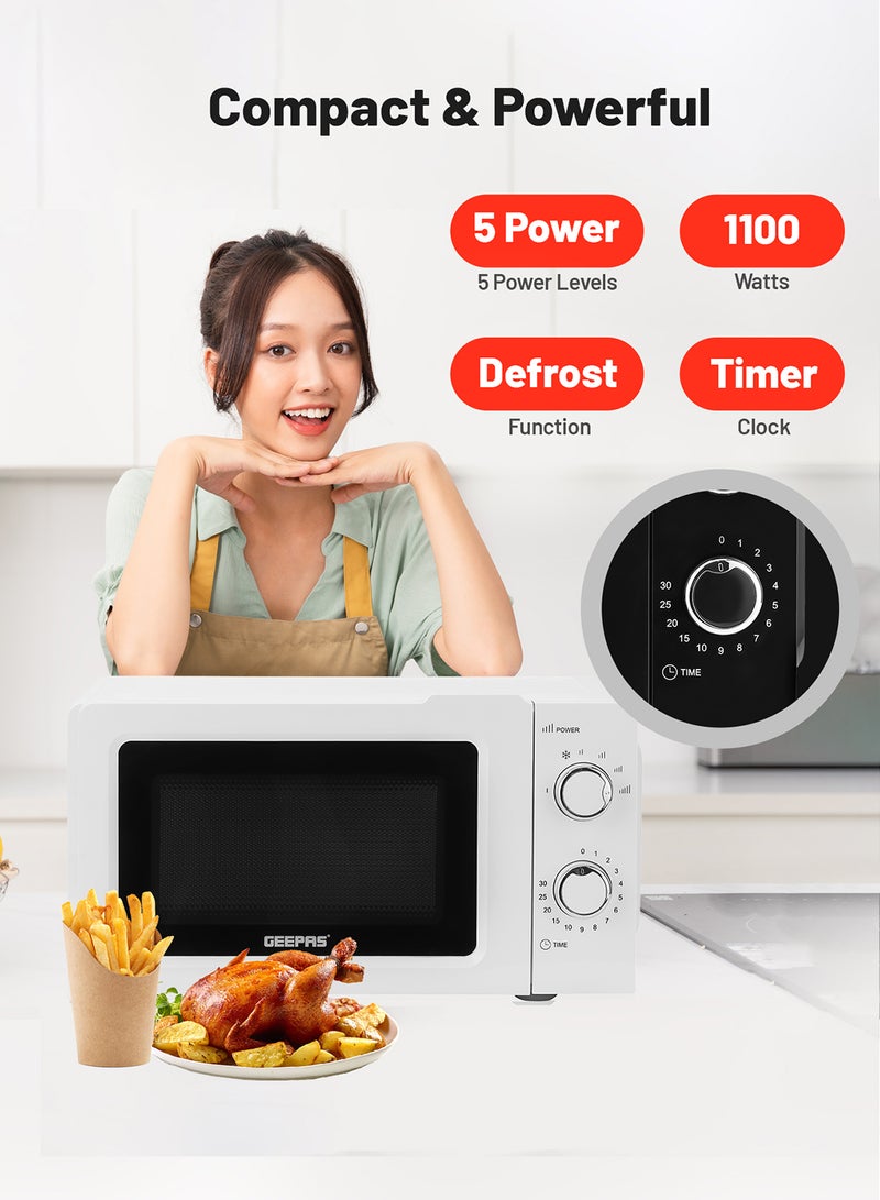 Microwave Oven with 5 Power Levels - Easy Reheating, Fast Defrost &Cooking End Signal with 30 Minute Timer Function - 2 Rotary Dials - Oven for Standard Size of Dinner Plate ,Chrome Knobs for Durability 20 L 1100 W GMO1899-20LS White