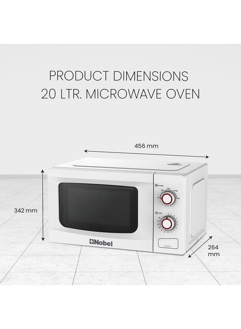 20 Liters Capacity Microwave Oven, Knobs Control, Push Button Door Opening, 35mins Setting Time, 5 Power Levels, Cooking End Signal, Defrost Setting with 1 Year Warranty 20 L 700 W NMO22M White