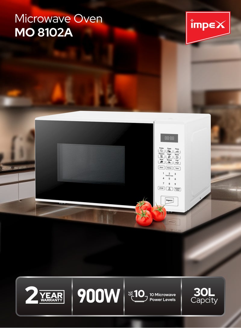 30L Digital Microwave Oven Stylish Push Button Glass Door Multiple Cooking Menus 30 L 900 W MO 8102A White