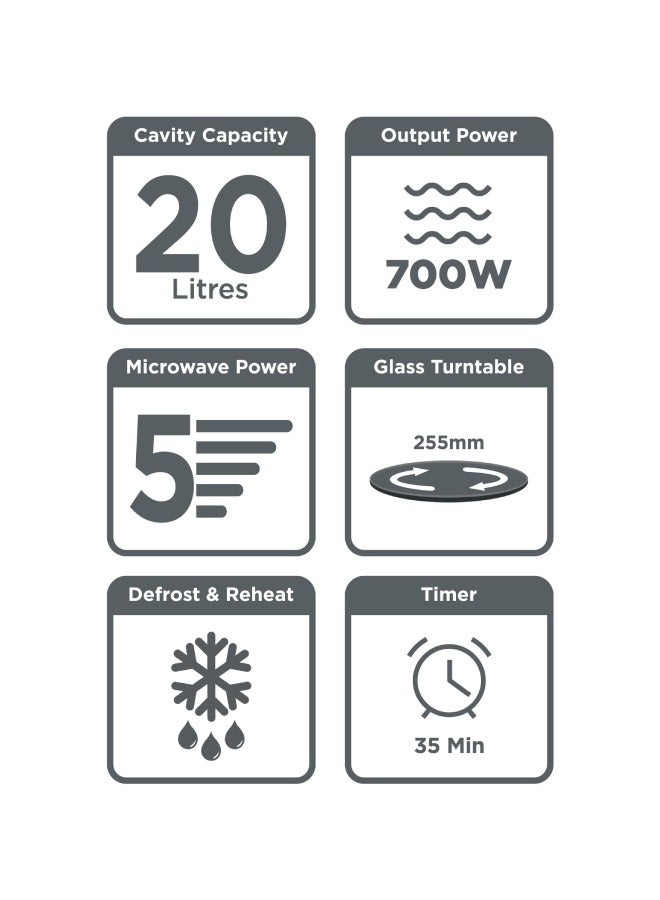 Microwave Oven, 20L, 700W, 5 Power Levels, Defrost Function, 35-Min Timer, 255mm Glass Turntable for Even Cooking, Easy-Clean Cavity, Stylish Chrome Knobs 20 L 700 W MZ2005P-B5 Black