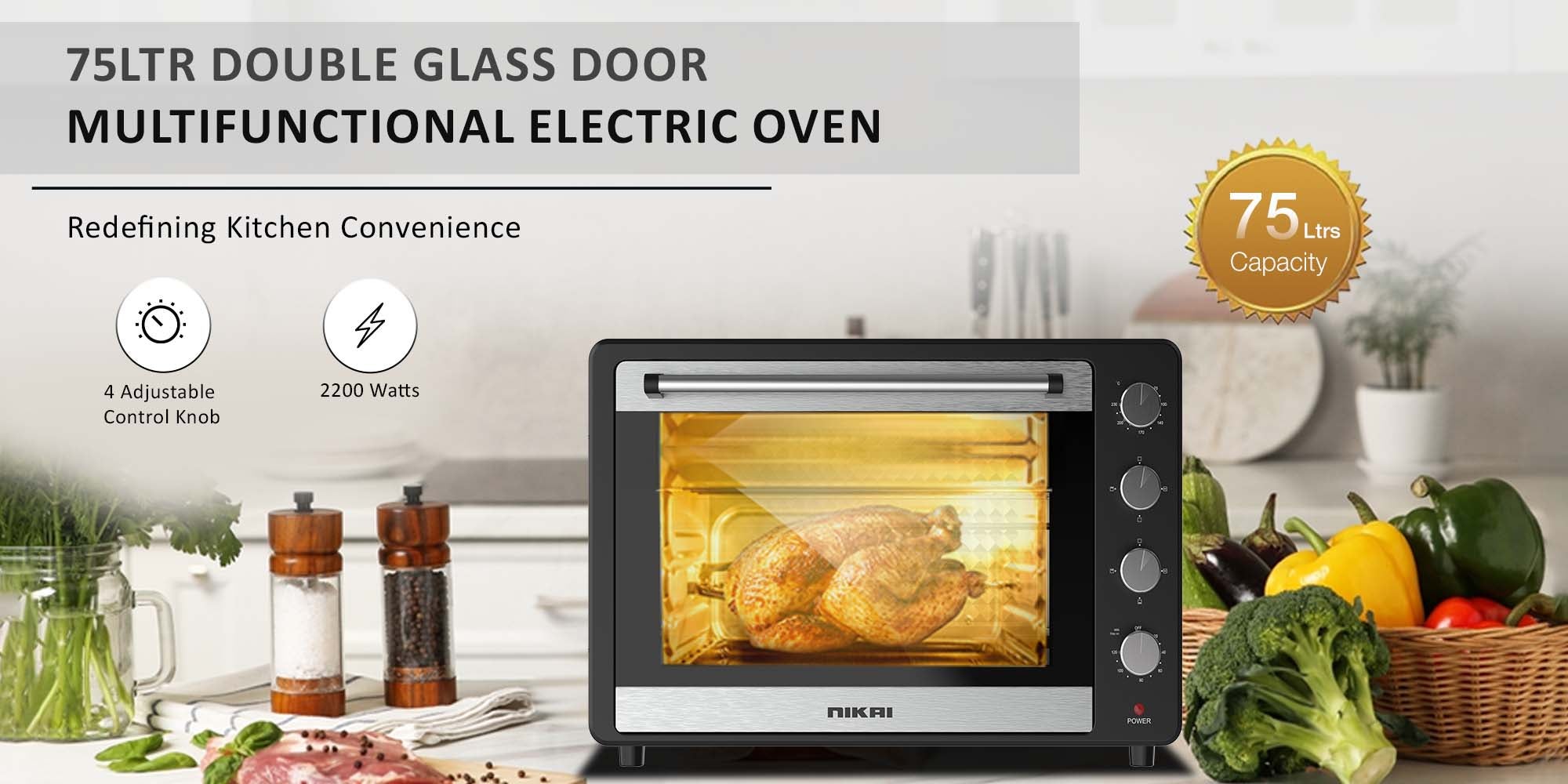 Oven, Rotisserie Function And 120 Minutes Timer With Stay On, Multiple Accessories, High-Efficiency Heating, Indicator Light 75 L 2200 W NT75RCZ Black