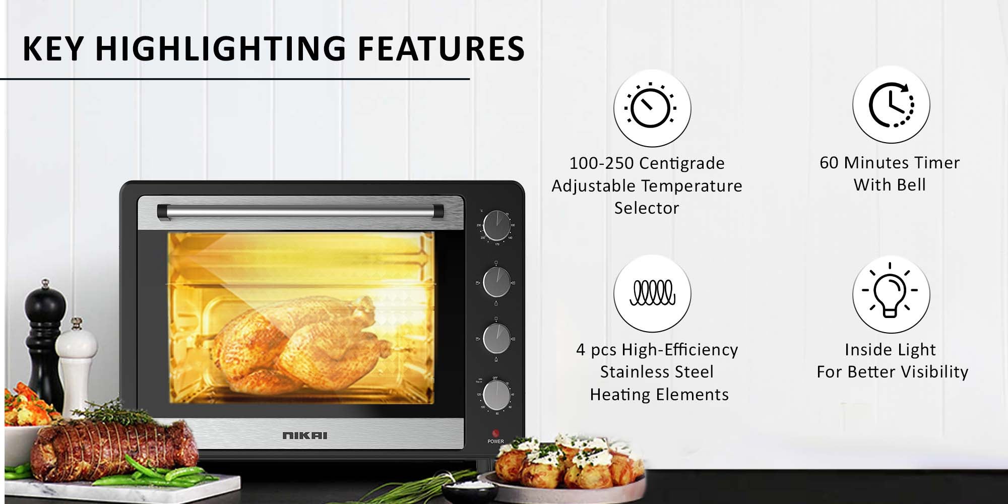 Oven, Rotisserie Function And 120 Minutes Timer With Stay On, Multiple Accessories, High-Efficiency Heating, Indicator Light 75 L 2200 W NT75RCZ Black