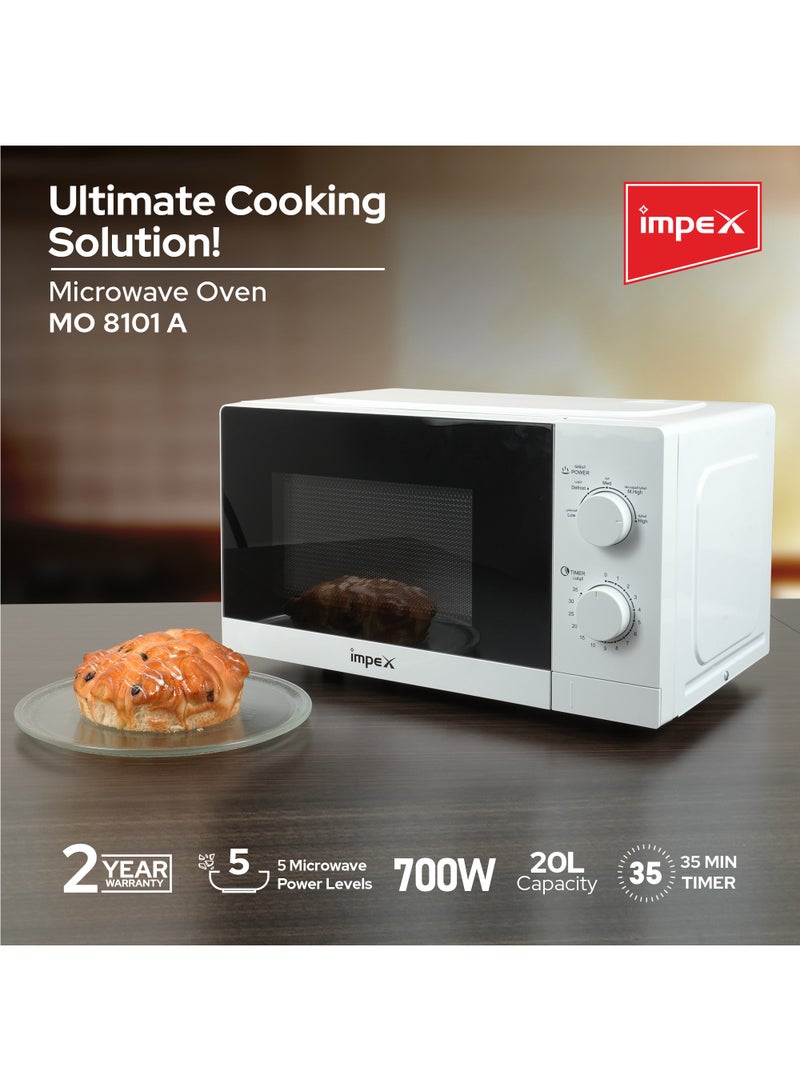 Microwave Oven - 20L Capacity With 5 Microwave Power Levels, 1100W Power Consumption With 700W Rated Microwave Power Output, Cooking End Signal,  Convenient Pull Hand Door, 50Hz Frequency 20 L 700 W Impex 20 Ltr Microwave Oven (MO 8101A) White