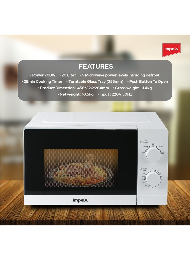 Microwave Oven - 20L Capacity With 5 Microwave Power Levels, 1100W Power Consumption With 700W Rated Microwave Power Output, Cooking End Signal,  Convenient Pull Hand Door, 50Hz Frequency 20 L 700 W Impex 20 Ltr Microwave Oven (MO 8101A) White