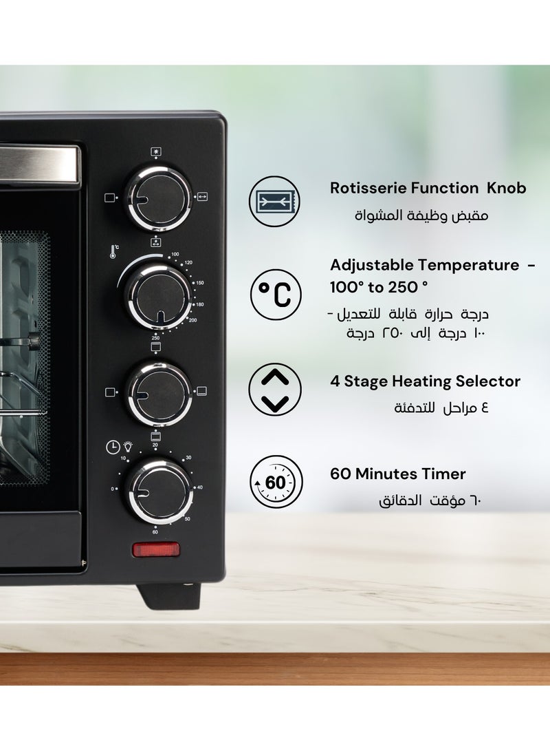 40L Electric Toaster Oven with Rotisserie & Convection, Countertop Oven, Adjustable Temperature (100-250°C), 60-Minute Timer, For Toasting, Baking, Roasting & Grilling, 1600W, Black