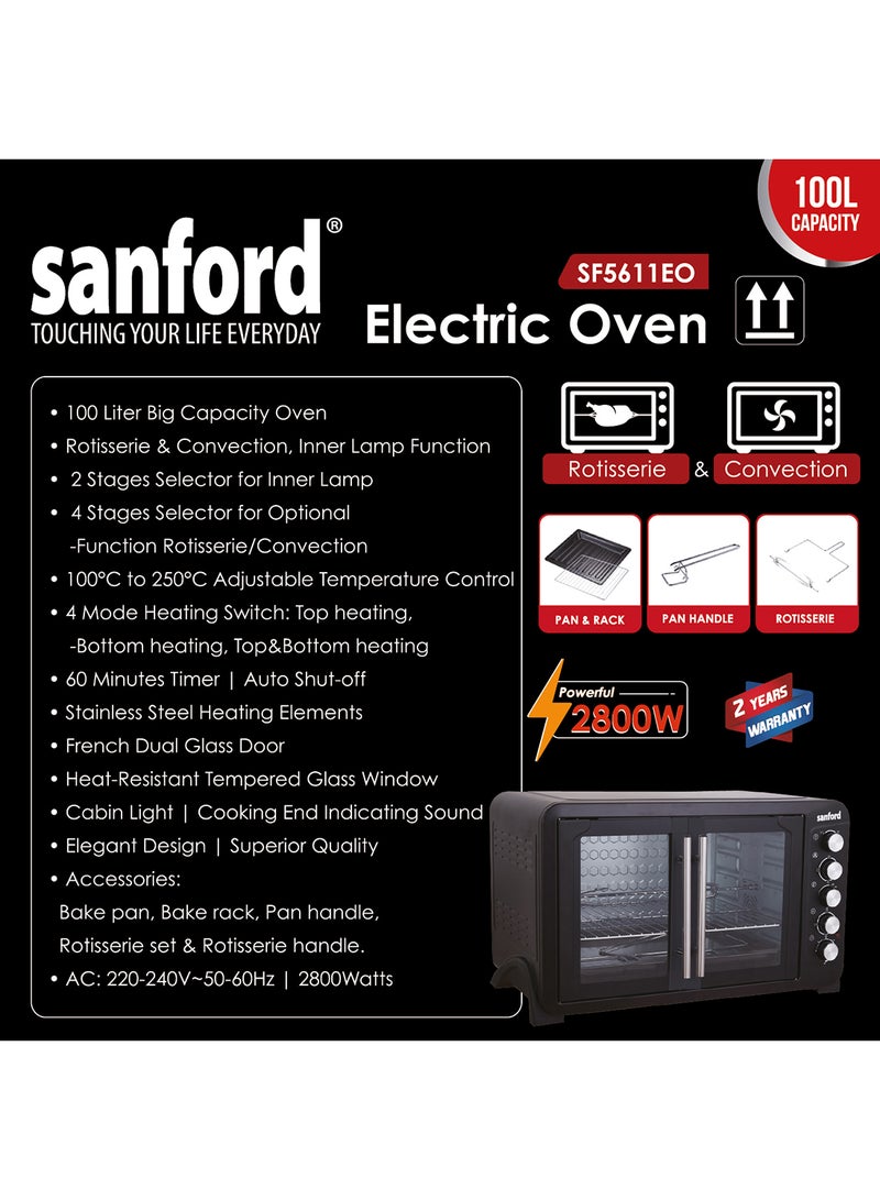 SANFORD DOUBLE DOOR ELECTRIC OVEN 100.0 LITRE 2800W 100 L 2800 W SF5611EO 100L BS Black