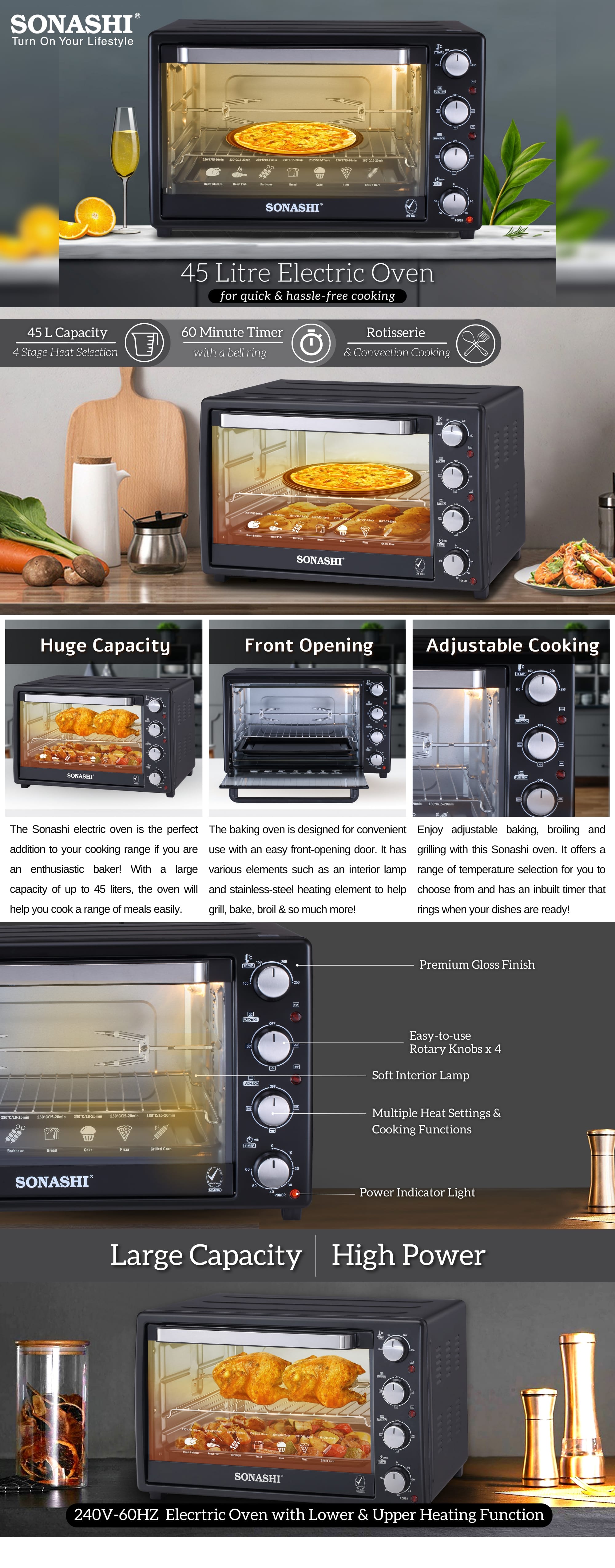 45L Electric Oven with Convection and Rotisserie Function | Perfect for Grilling, Toasting, and Roasting | 4 Knobs and Temperature 100 - 250 Degrees | 60 Minute Timer with Bell | Accessories: Bake Tray, Wire Rack, Tray Handle, Tong, and 1 set Rotisserie 1800 W STO-735N Black