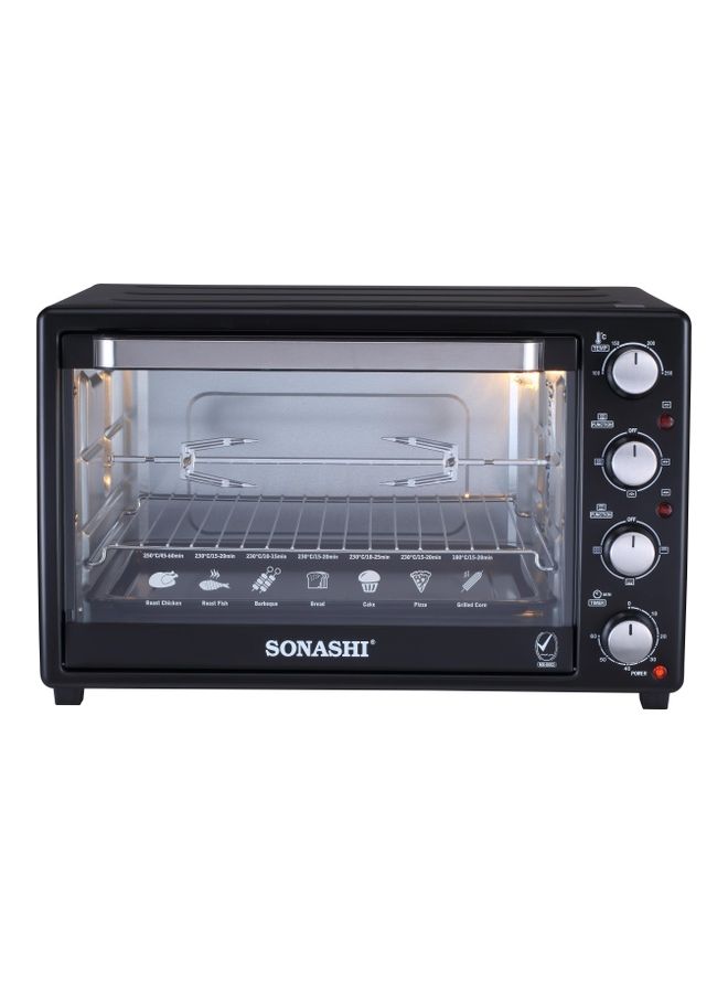 45L Electric Oven with Convection and Rotisserie Function | Perfect for Grilling, Toasting, and Roasting | 4 Knobs and Temperature 100 - 250 Degrees | 60 Minute Timer with Bell | Accessories: Bake Tray, Wire Rack, Tray Handle, Tong, and 1 set Rotisserie 1800 W STO-735N Black