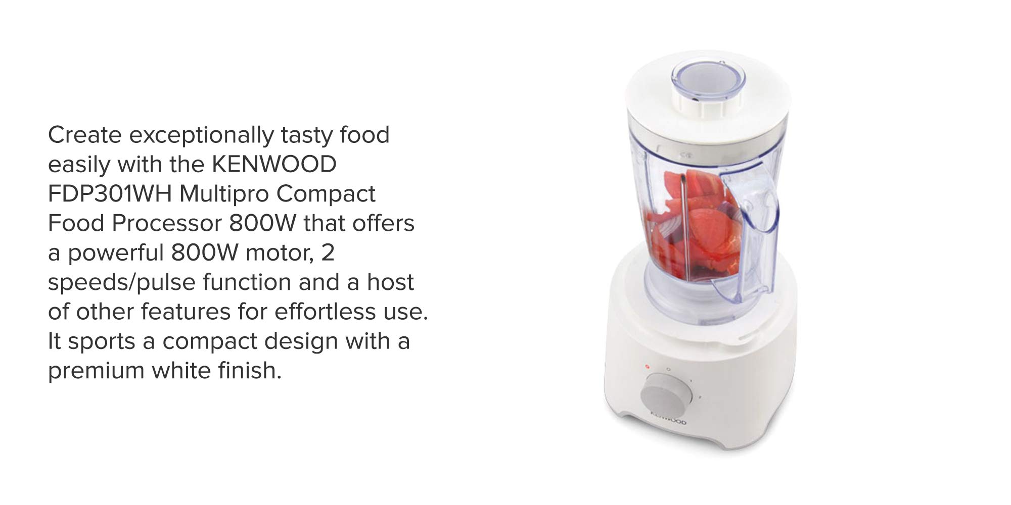 Food Processor Multi-Functional With Reversible Stainless Steel Disk, Blender, Whisk With Bowl Capacity 2.1L, 1.2 L 800.0 W FDP301WH White