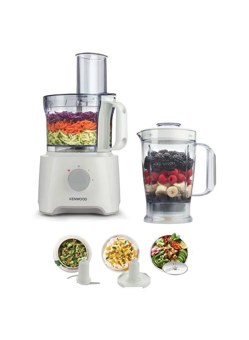 Food Processor Multi-Functional With Reversible Stainless Steel Disk, Blender, Whisk With Bowl Capacity 2.1L, 1.2 L 800.0 W FDP301WH White