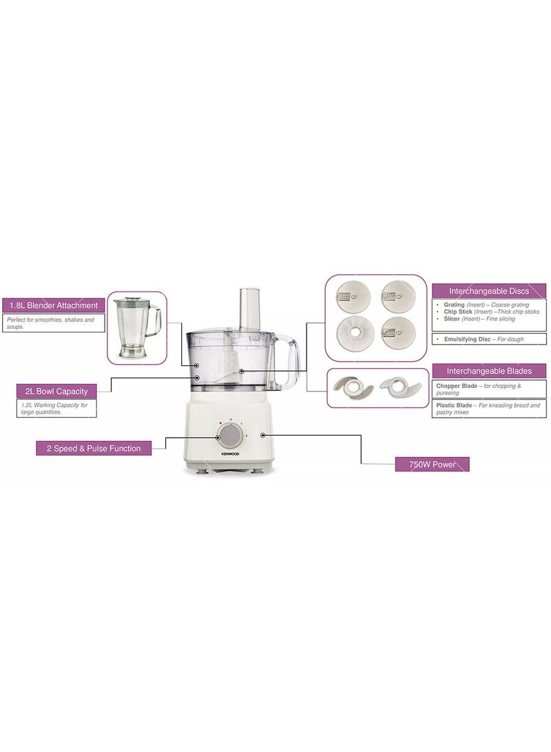 Food Processor Multi-Functional With 3 Interchangeable Disks, Blender, Whisk, Dough Maker Bowl 2 L 750 W FDP03.C0WH White