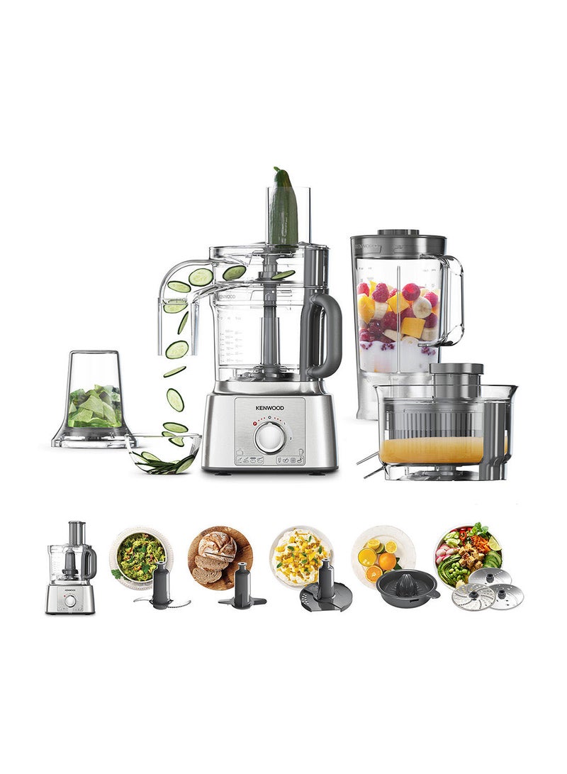 Food Processor, 3L Bowl, 1.5L Blender, 11 Processing Tools, Multi Mill, Grinder, Juicer extractor, Whisk, Dough Maker, Citrus Juicer, Salad Maker, 3 L 1000 W FDP65.880SI silver