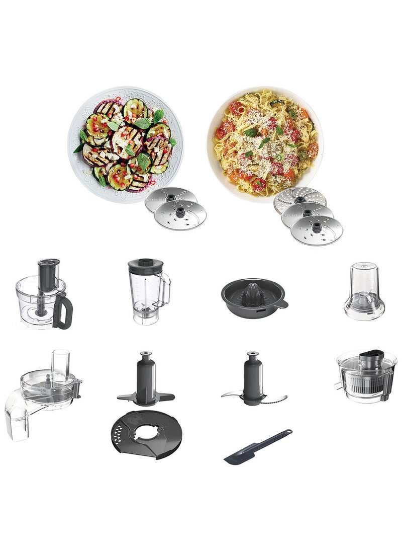 Food Processor, 3L Bowl, 1.5L Blender, 11 Processing Tools, Multi Mill, Grinder, Juicer extractor, Whisk, Dough Maker, Citrus Juicer, Salad Maker, 3 L 1000 W FDP65.880SI silver