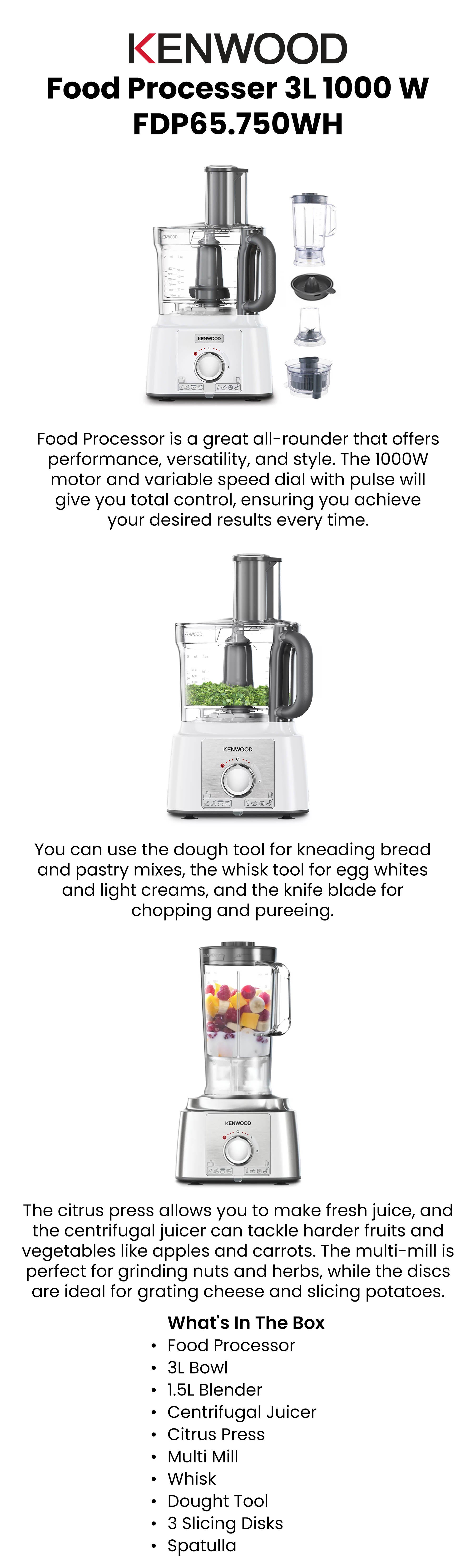 Food Processor, 3L Bowl, 1.5L Blender, 11 Attachments, 3 Stainless Steel Disks, Blender, Grinder, Juicer Extractor, Whisk, Dough Maker, Citrus Juicer, 3 L 1000 W FDP65.750WH white