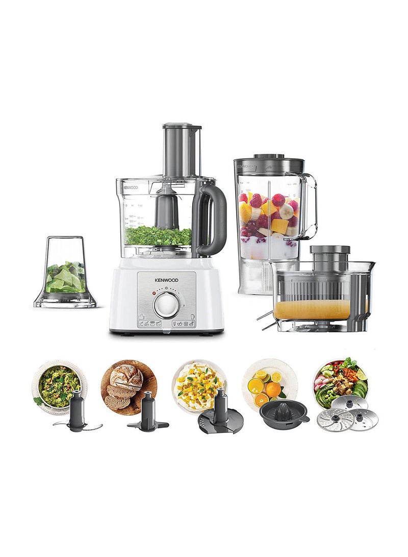 Food Processor, 3L Bowl, 1.5L Blender, 11 Attachments, 3 Stainless Steel Disks, Blender, Grinder, Juicer Extractor, Whisk, Dough Maker, Citrus Juicer, 3 L 1000 W FDP65.750WH white