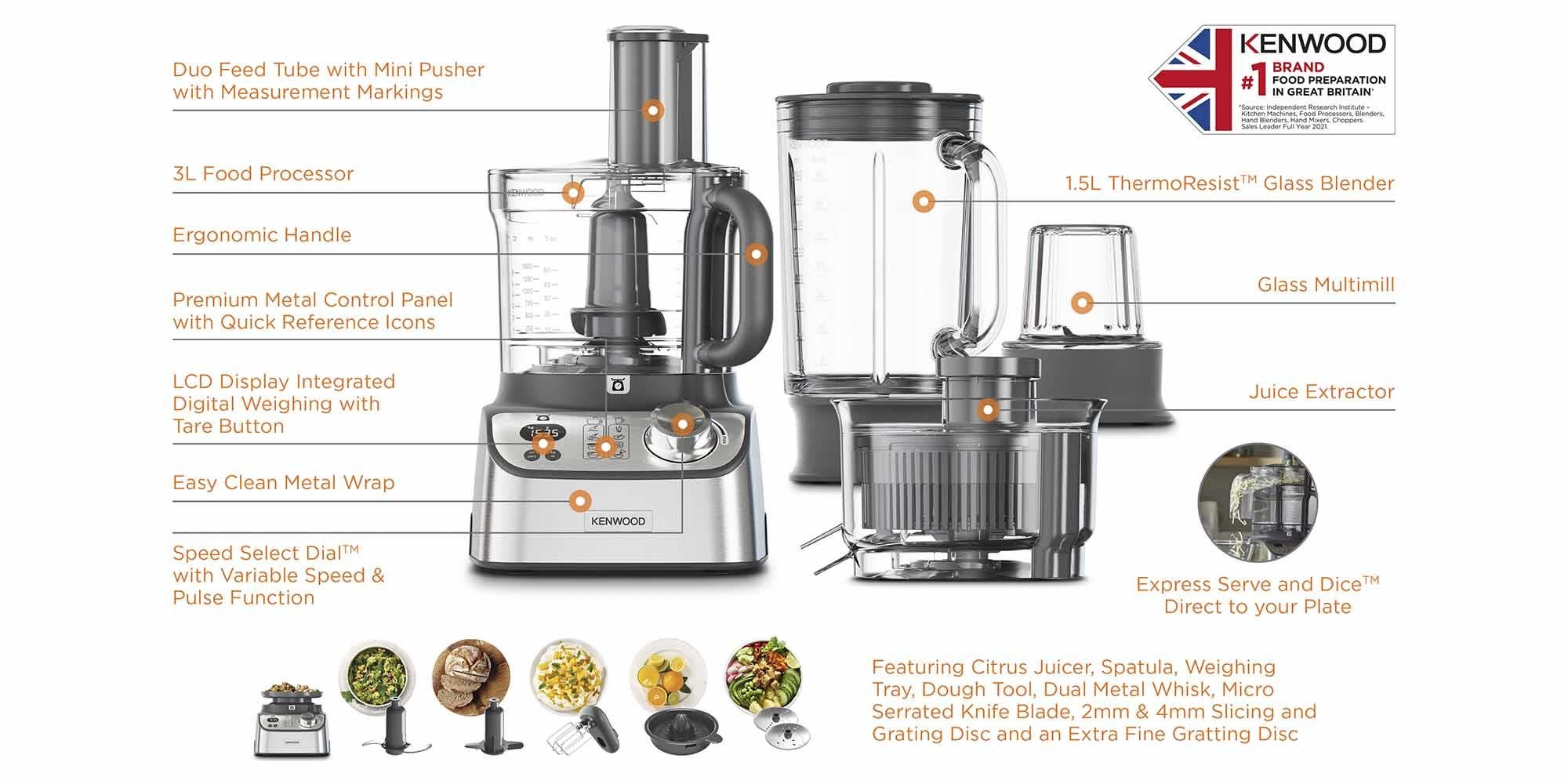 Food Processor, 3L Food Processor, 1.5L Thermo Resist Glass Blender, 11 Processing Attachments, Glass Multi Mill, Juice Extractor, Digital Display, Kitchen Scale, 3 L 1000 W FDM71.980SS silver