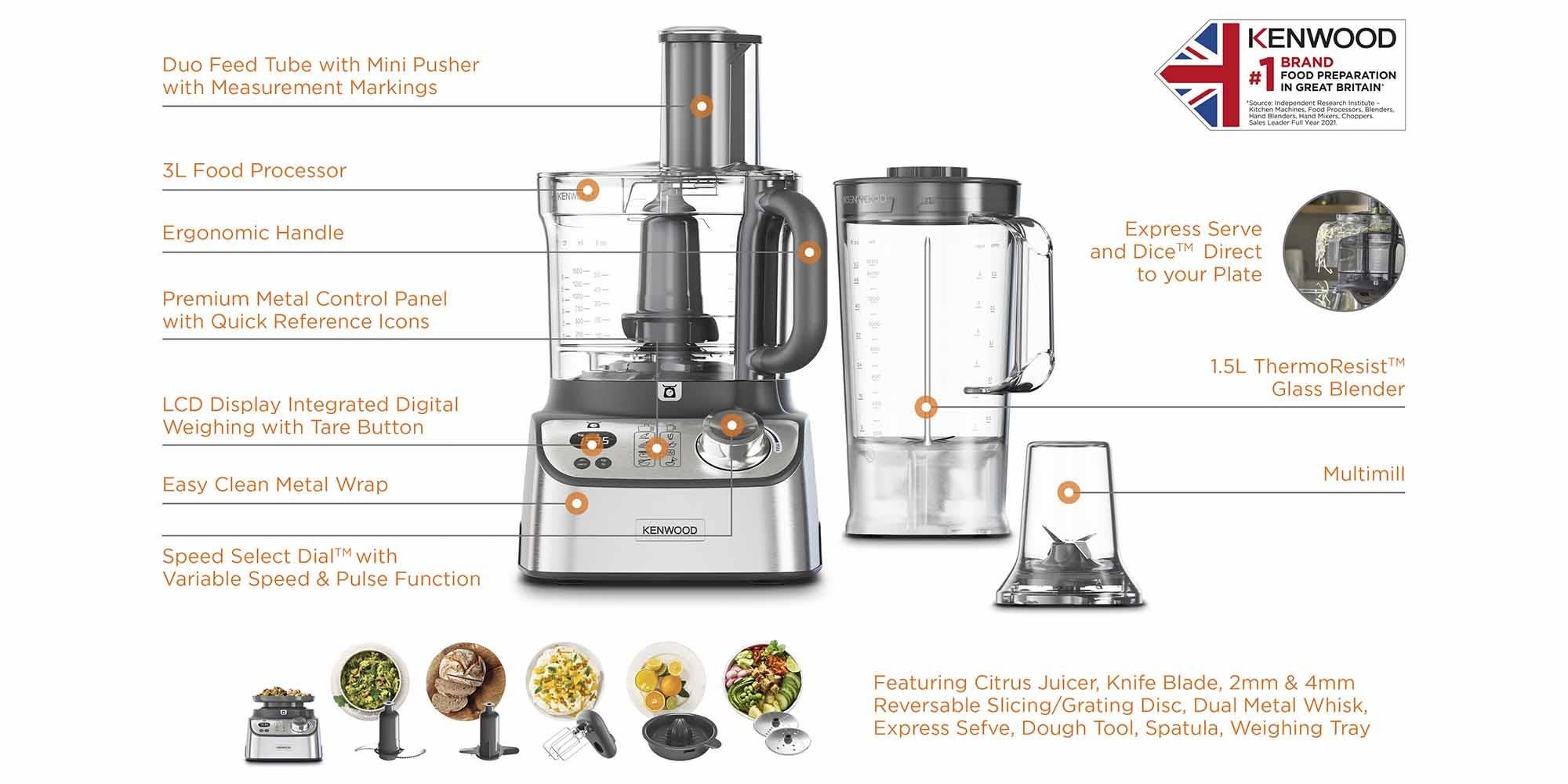 Food Processor With Blender, Grinder Mill, Dual Metal Whisk, Dough Maker, Citrus Juicer, Express Serve/Salad Maker, Kitchen Scale/Weighing Tray 1000 W FDM71.690SS silver