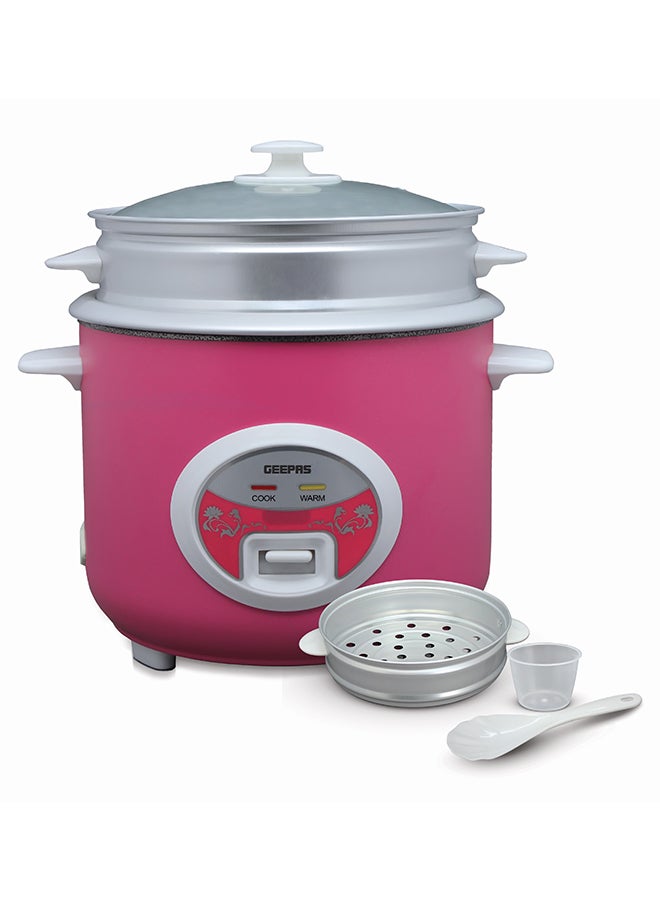 Deluxe Ricer Cooker- Non-Stick Inner Pot, Stainless Steel Body | Cook/Steam/Keep Warm Function| Make Rice & Steam Healthy Vegetables | 2 Years Warranty GRC4329 Pink/Silver