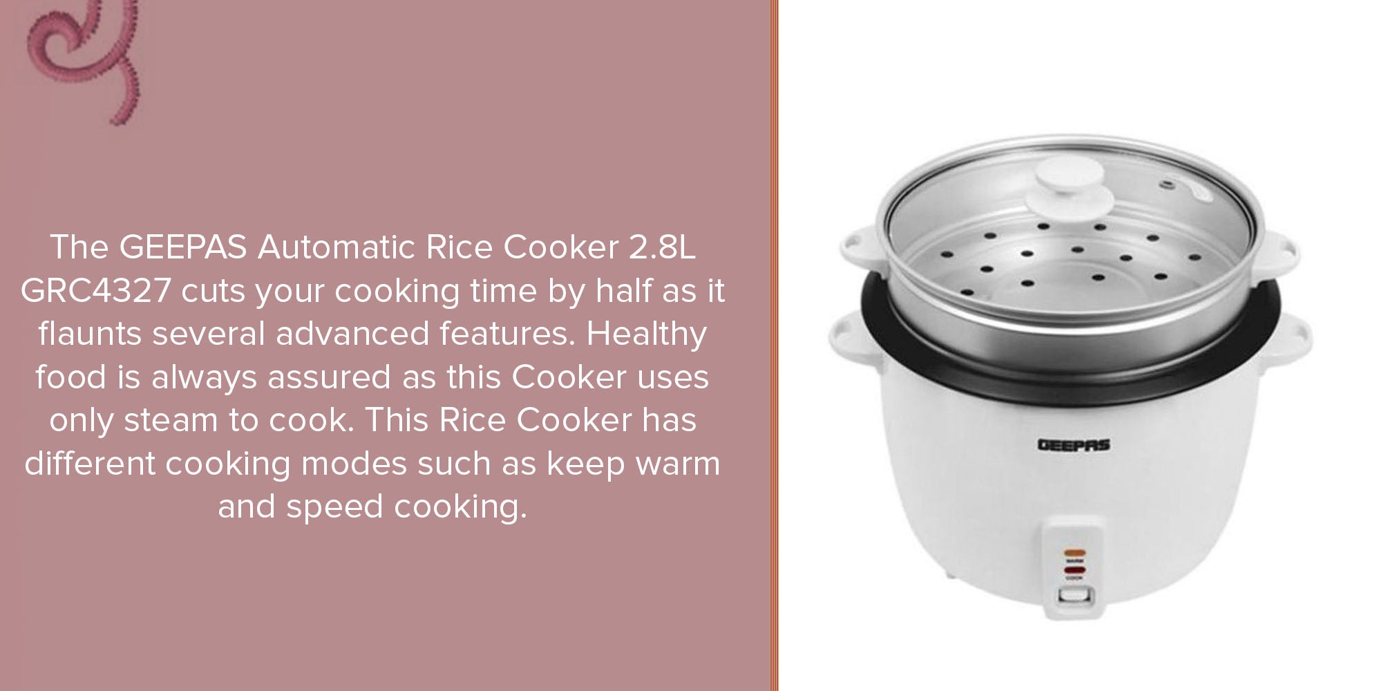 Electric Rice Cooker with Non-Stick Inner Pot and Toughened Glass Lid| Includes Cook, Steam, and Warm Functions| White Powder Coated Housing, Aluminum Outer Steamer 2.8 L 1000.0 W GRC4327 White/Black