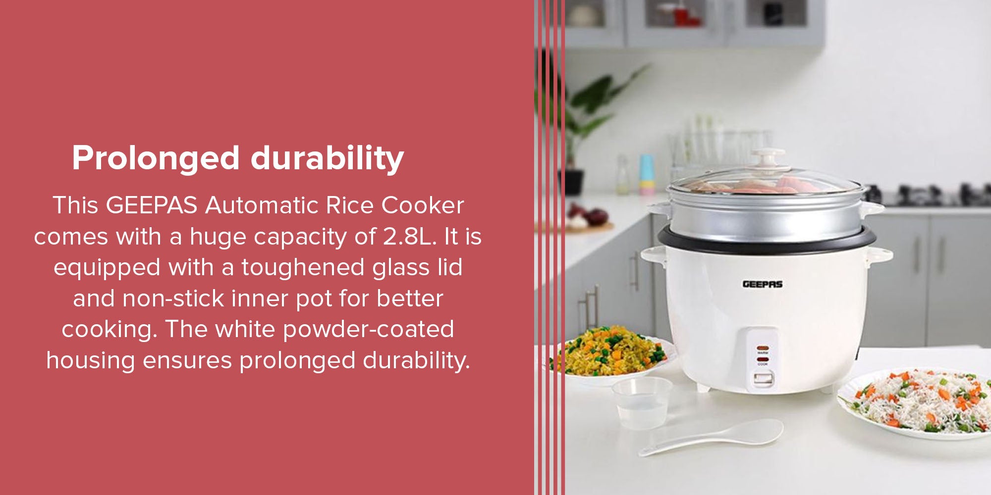 Electric Rice Cooker with Non-Stick Inner Pot and Toughened Glass Lid| Includes Cook, Steam, and Warm Functions| White Powder Coated Housing, Aluminum Outer Steamer 2.8 L 1000.0 W GRC4327 White/Black