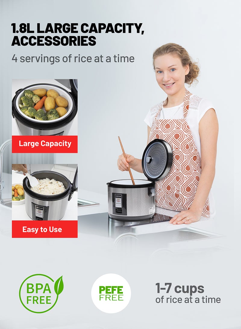 Rice Cooker 1.8 L Durable Construction| Removable Non-Stick Pot, Cool Touch Handle| Includes Cook, Warm Functions, Plastic Steamer| Perfect for Vegetables, Soups, Sauces etc |762W 1.8 L 762 W GRC4330 Black/Silver