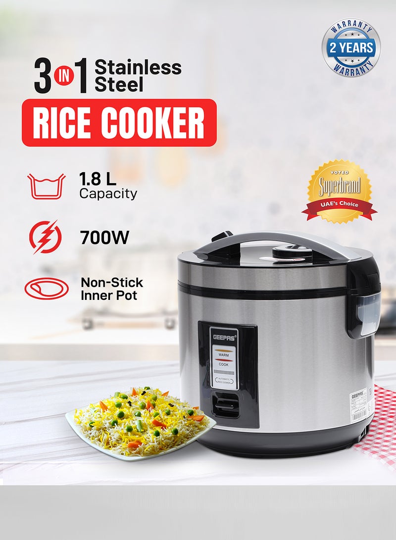 Rice Cooker 1.8 L Durable Construction| Removable Non-Stick Pot, Cool Touch Handle| Includes Cook, Warm Functions, Plastic Steamer| Perfect for Vegetables, Soups, Sauces etc |762W 1.8 L 762 W GRC4330 Black/Silver