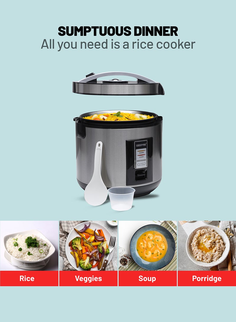 Rice Cooker 1.8 L Durable Construction| Removable Non-Stick Pot, Cool Touch Handle| Includes Cook, Warm Functions, Plastic Steamer| Perfect for Vegetables, Soups, Sauces etc |762W 1.8 L 762 W GRC4330 Black/Silver