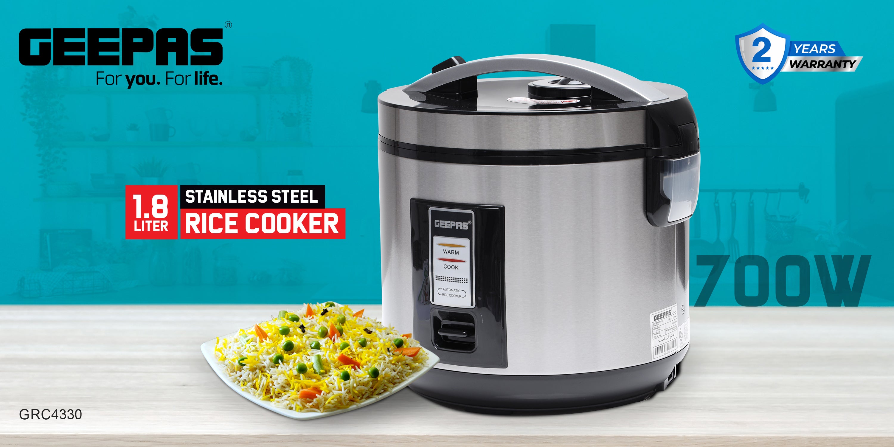 Rice Cooker 1.8 L Durable Construction| Removable Non-Stick Pot, Cool Touch Handle| Includes Cook, Warm Functions, Plastic Steamer| Perfect for Vegetables, Soups, Sauces etc |762W 1.8 L 762 W GRC4330 Black/Silver