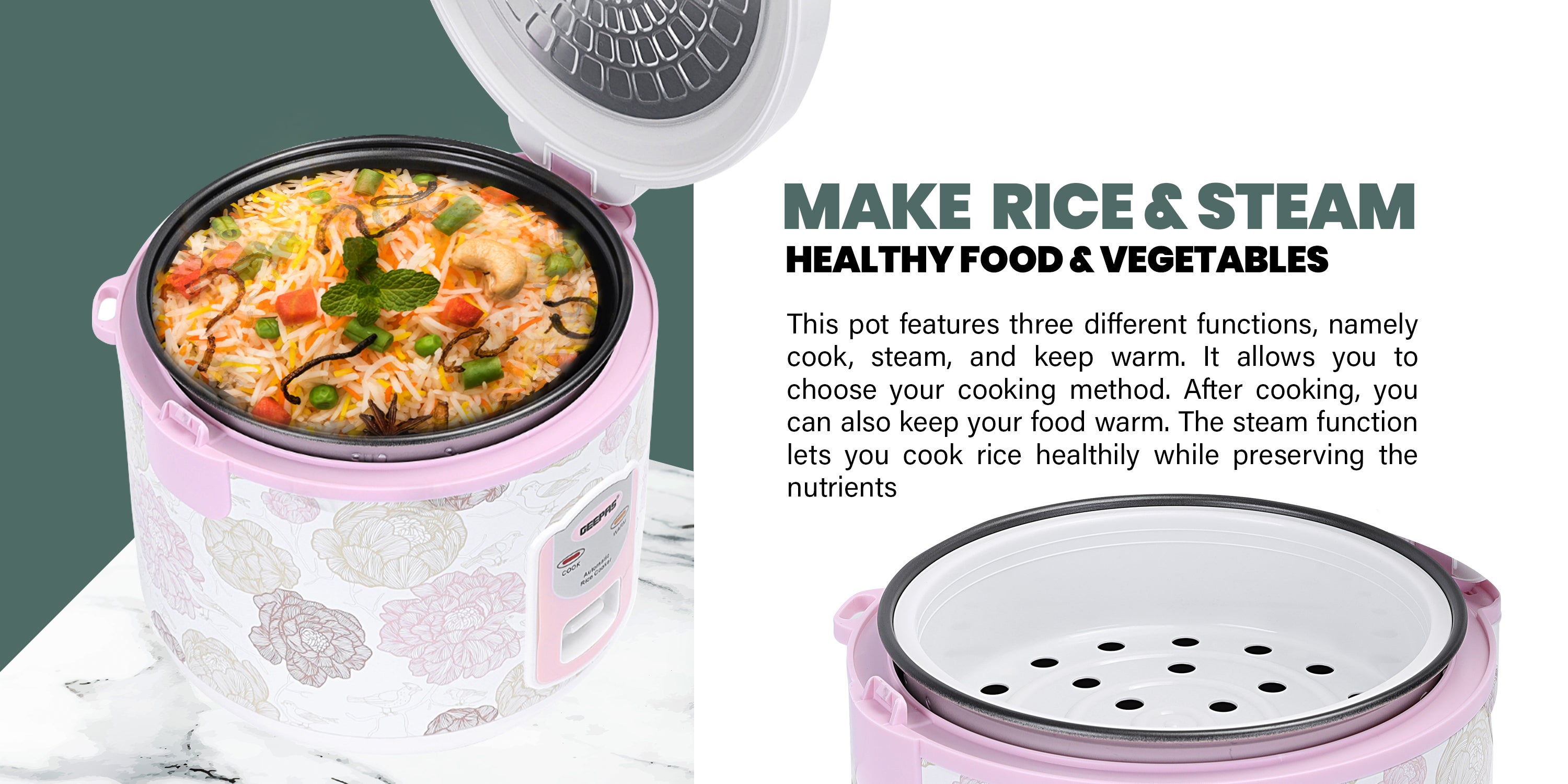 Electric Rice Cooker 500W - Non-Stick Inner Pot |Cook/Steam/Keep Warm | Make Rice & Steam Healthy Food & Vegetables 1.5 L 500 W GRC4334 / GRC4334N White/Pink/Yellow