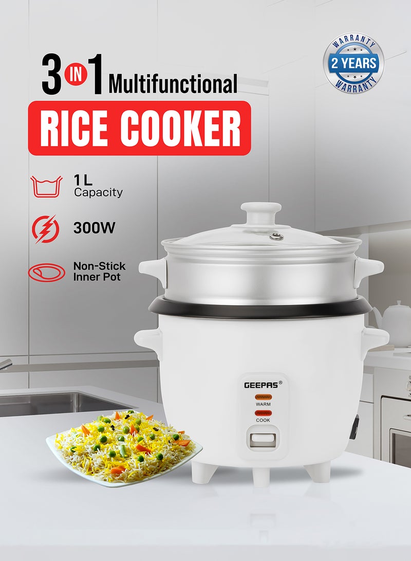 Multifunction Rice Cooker Includes Cook & Keep Warm Functions With Tempered Glass Lid, Aluminum Inner Steamer/ Removable Non-Stick Pot/Cool Touch Handle/Durable Construction 1 L 400 W GRC4325H White