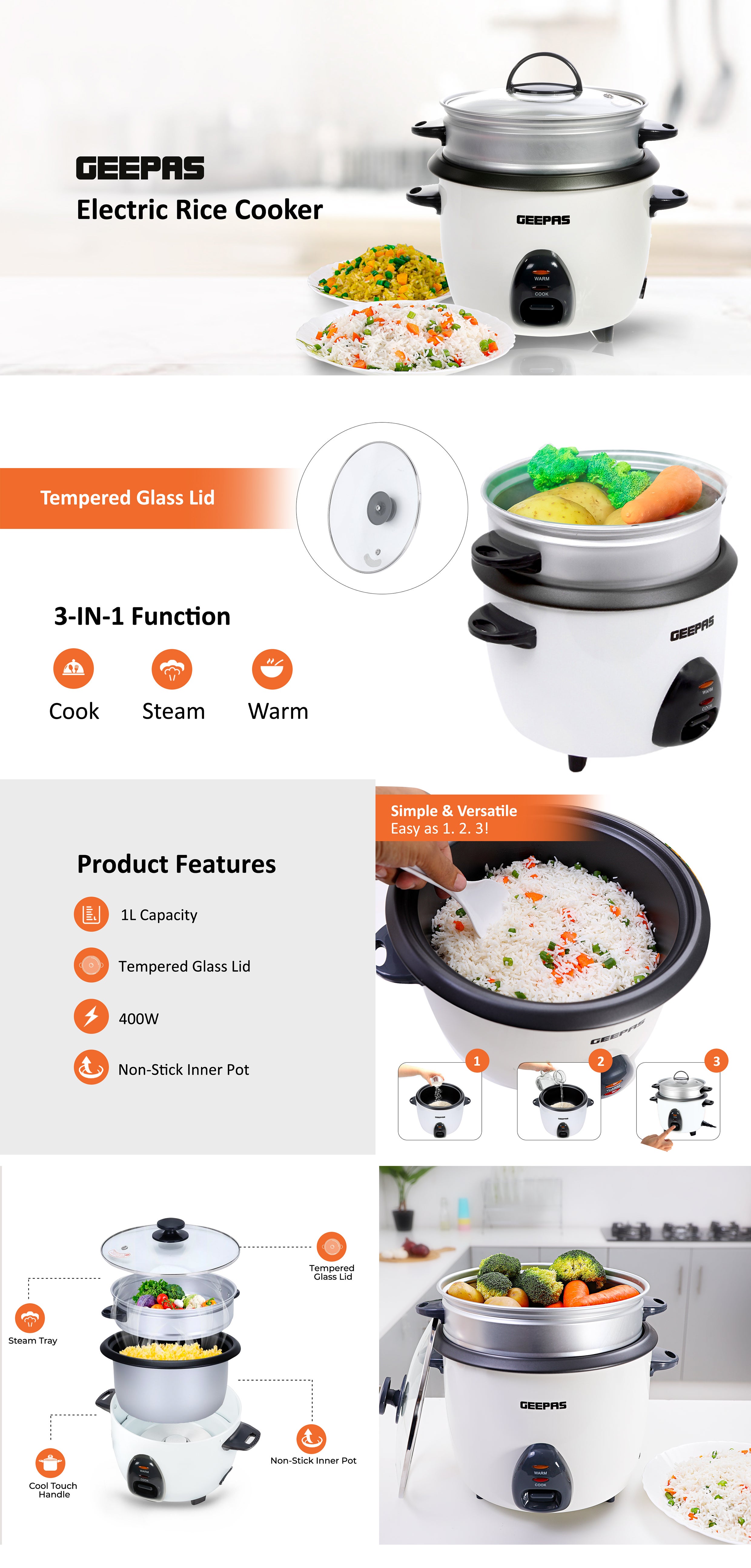 Multifunction Rice Cooker Includes Cook & Keep Warm Functions With Tempered Glass Lid, Aluminum Inner Steamer/ Removable Non-Stick Pot/Cool Touch Handle/Durable Construction 1 L 400 W GRC4325H White