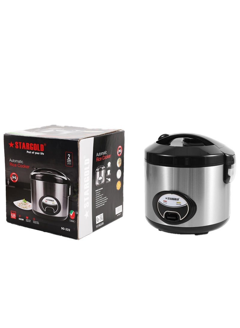 Electric Rice Cooker Non Stick Inner Pot 2.2 L  Stainless Steel Body Steamer Cook Warm Functions 900 W Silver/Black