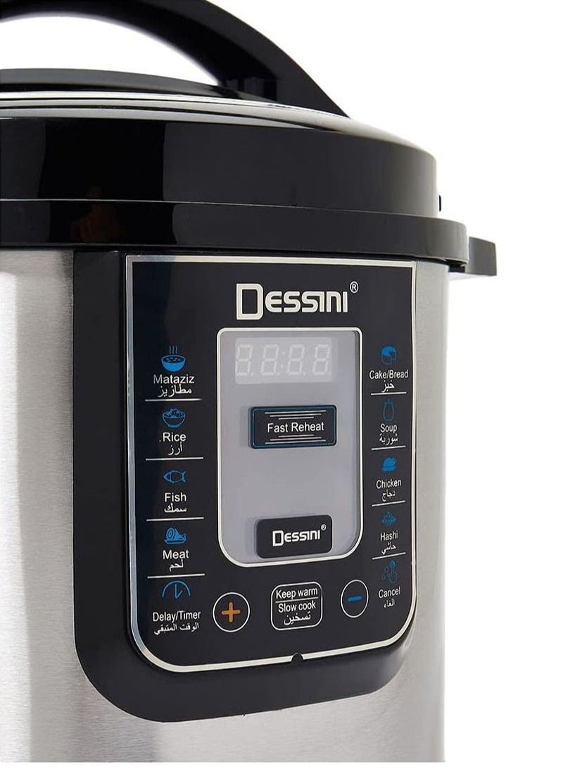 Dessini 6L Stainless Steel Round Electric Pressure Cooker with Lid, Silver/Black