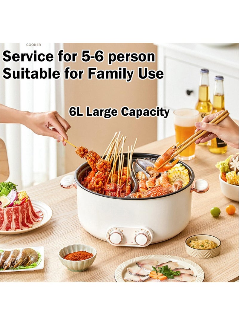 Electric Double Hot Pot with Independent Temperature Control Non Stick Electric Cooker Shabu Shabu Electric Skillet Frying Pan Electric Saucepan for Noodles Egg Steak Sauté Steam and Soup (6L)