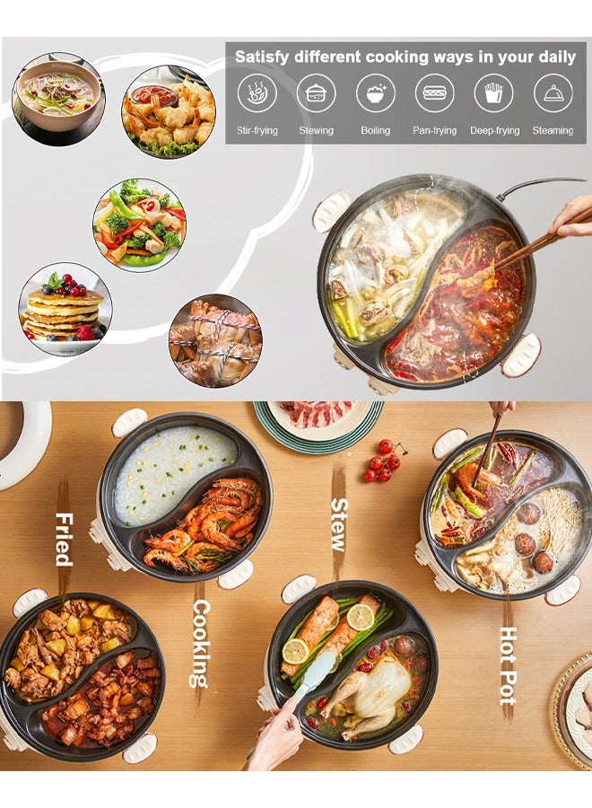 Electric Double Hot Pot with Independent Temperature Control Non Stick Electric Cooker Shabu Shabu Electric Skillet Frying Pan Electric Saucepan for Noodles Egg Steak Sauté Steam and Soup (6L)