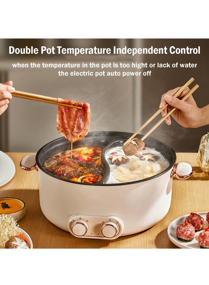 Electric Double Hot Pot with Independent Temperature Control Non Stick Electric Cooker Shabu Shabu Electric Skillet Frying Pan Electric Saucepan for Noodles Egg Steak Sauté Steam and Soup (6L)