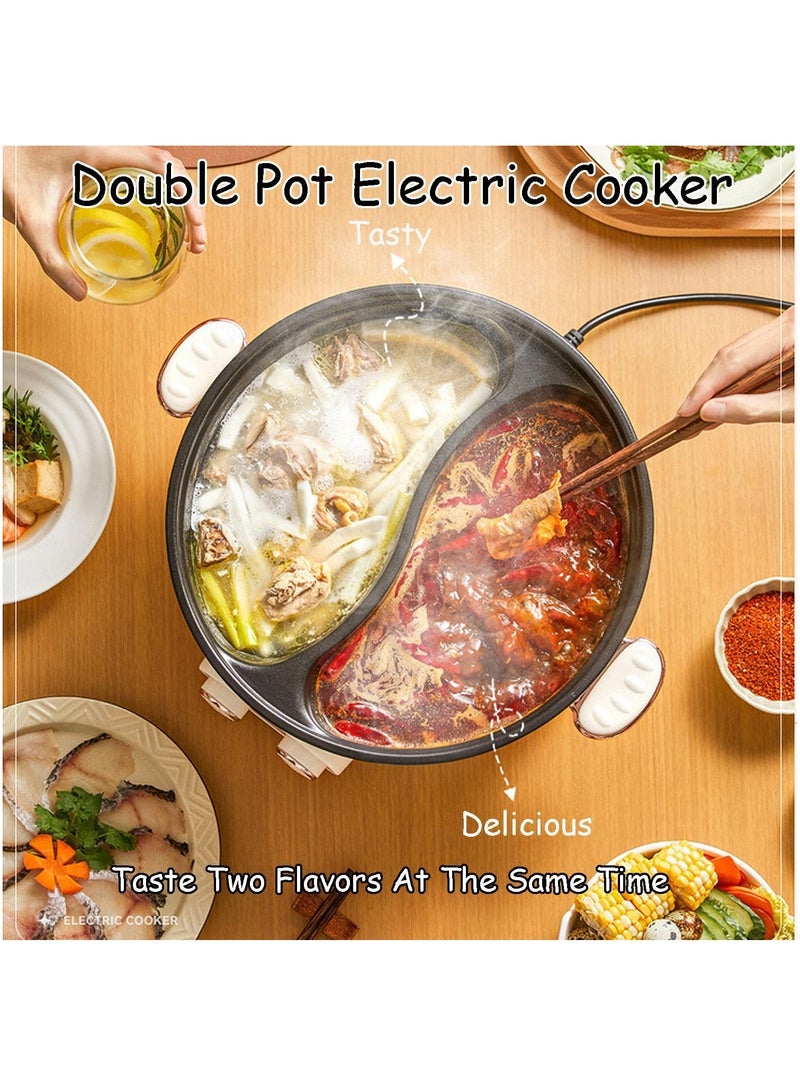 Electric Double Hot Pot with Independent Temperature Control Non Stick Electric Cooker Shabu Shabu Electric Skillet Frying Pan Electric Saucepan for Noodles Egg Steak Sauté Steam and Soup (6L)