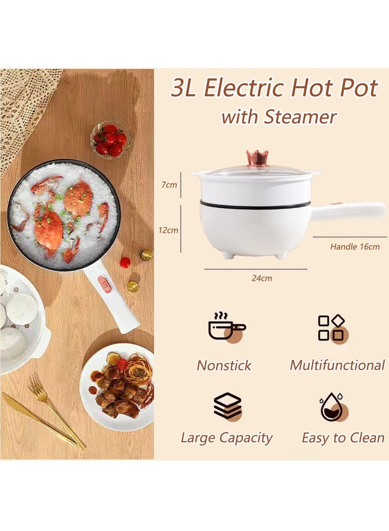 Electric Hot Pot with Steamer & Temperature Control - Non-Stick Cooker Shabu Shabu Skillet Frying Pan Electric Saucepan for Noodles Egg Steak Saute Steam and Soup (3L White)