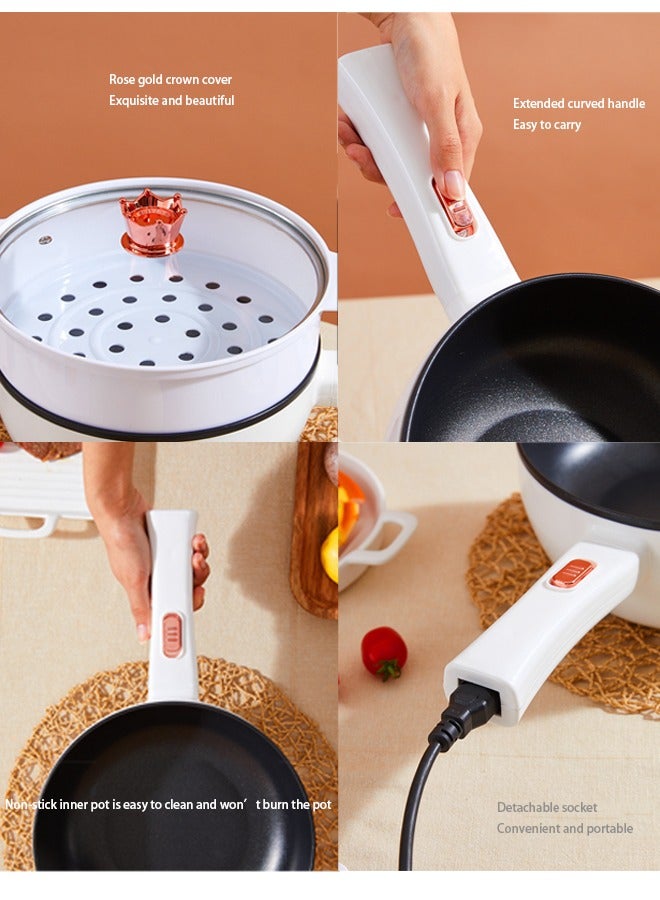 Electric Hot Pot with Steamer & Temperature Control - Non-Stick Cooker Shabu Shabu Skillet Frying Pan Electric Saucepan for Noodles Egg Steak Saute Steam and Soup (3L White)