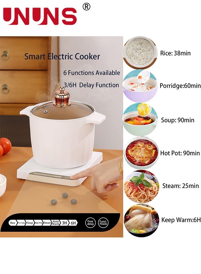 Electric Hot Pot,1.5L Non-Stick Ceramic Coating Ramen Cooker,Portable Mini Travel Cooker with 3-6H time delay function,6H Keep Warm,Multifunctional Electric Pot For rice porridge soup steam,White