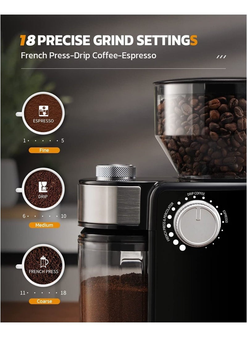 Electric Coffee Grinder Automatic Coffee Bean Grinder for French Press Drip Coffee and Espresso Adjustable Burr Coffee Grinder with 18 Settings 12 Cups Black