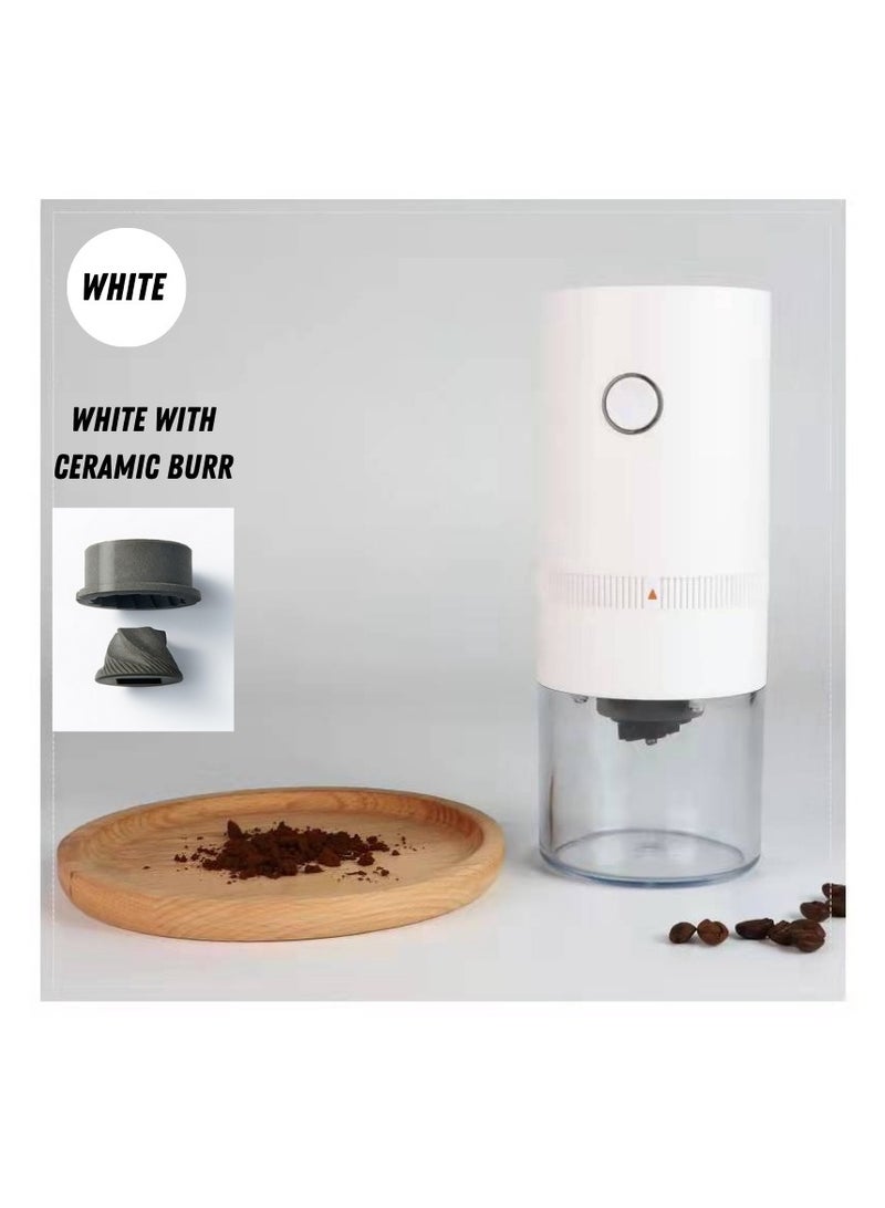 Electric automatic portable coffee grinder with ceramic burr - White